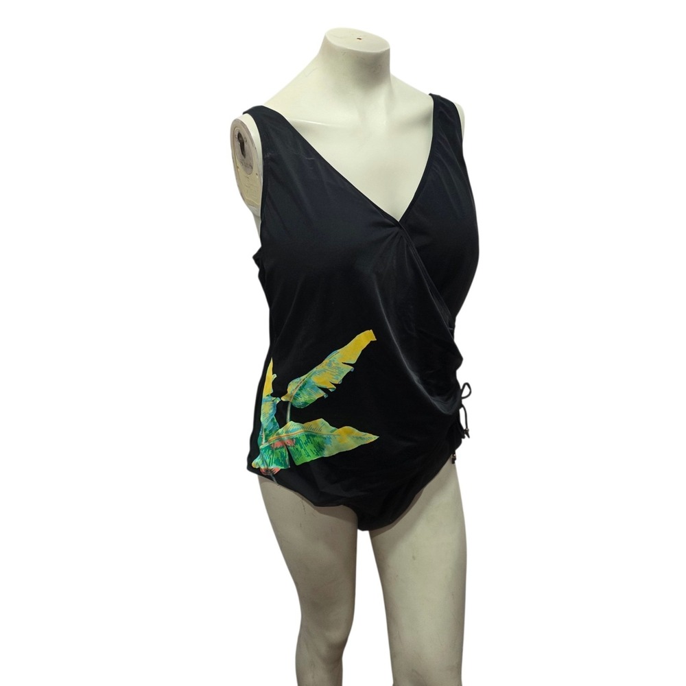 Susan Graver 22W Black One Piece Swimsuit Sarong Wrap Tropical Plus Size